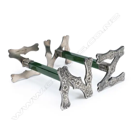 Frank Grady (Wellington) pounamu and silver 'NZ' knife rests,